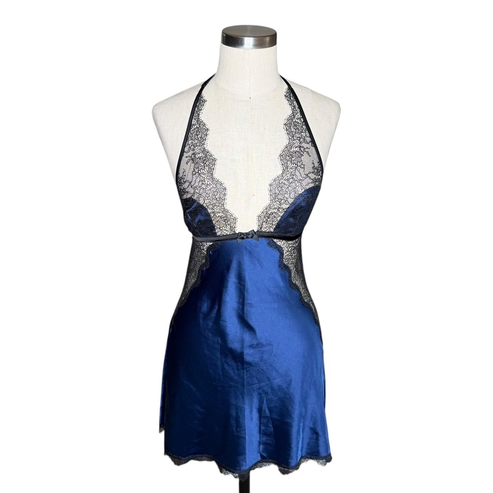 VICTORIA'S SECRET VS Slip Dress Blue Lace Trim Halter Neck Women's Size Medium